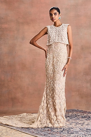 Dew-Colored Tulle Embroidered Gown by Supria Munjal