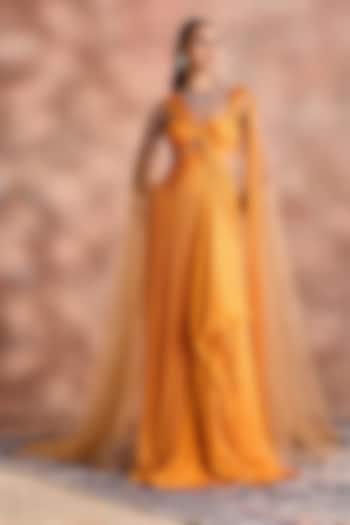 Radiant Yellow Silk Flat Chiffon Embroidered Wedding Gown by Supria Munjal at Pernia's Pop Up Shop