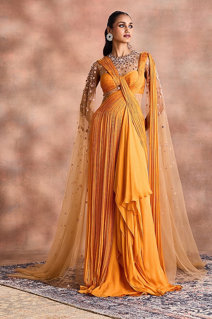 Radiant Yellow Silk Flat Chiffon Embroidered Wedding Gown by Supria Munjal at Pernia's Pop Up Shop