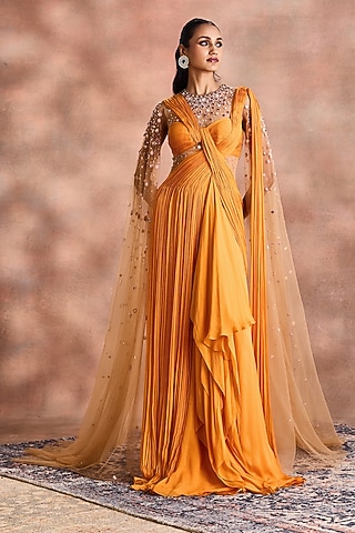 Radiant Yellow Silk Flat Chiffon Embroidered Gown by Supria Munjal