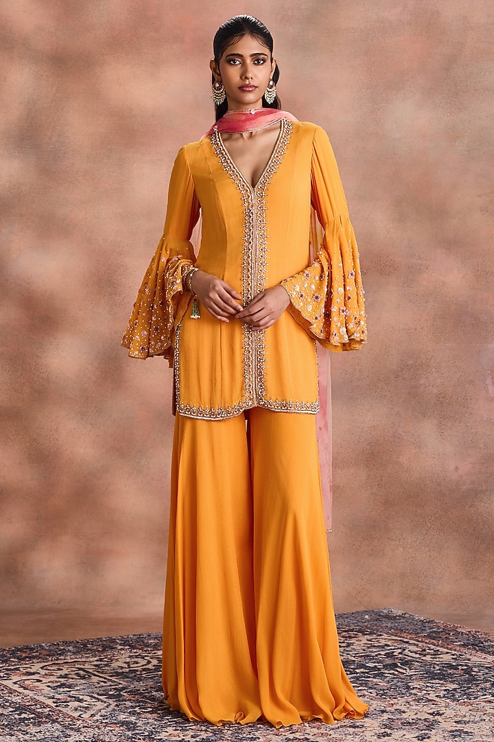 Radiant Yellow Shimmer Georgette Embroidered Kurta Set by Supria Munjal at Pernia's Pop Up Shop
