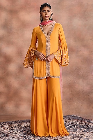 Radiant Yellow Shimmer Georgette Embroidered Kurta Set by Supria Munjal