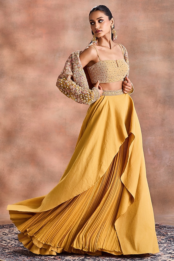 Misted Yellow Tissue Chanderi & Shimmer Georgette Embroidered Jacket Set by Supria Munjal at Pernia's Pop Up Shop