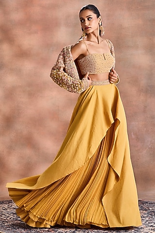 Misted Yellow Tissue Chanderi & Shimmer Georgette Embroidered Jacket Set by Supria Munjal