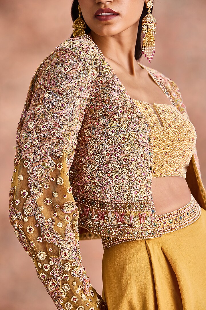 Misted Yellow Tissue Chanderi & Shimmer Georgette Embroidered Jacket Set by Supria Munjal at Pernia's Pop Up Shop