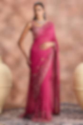 Magenta Shimmer Georgette Embroidered Reception Saree Set by Supria Munjal at Pernia's Pop Up Shop