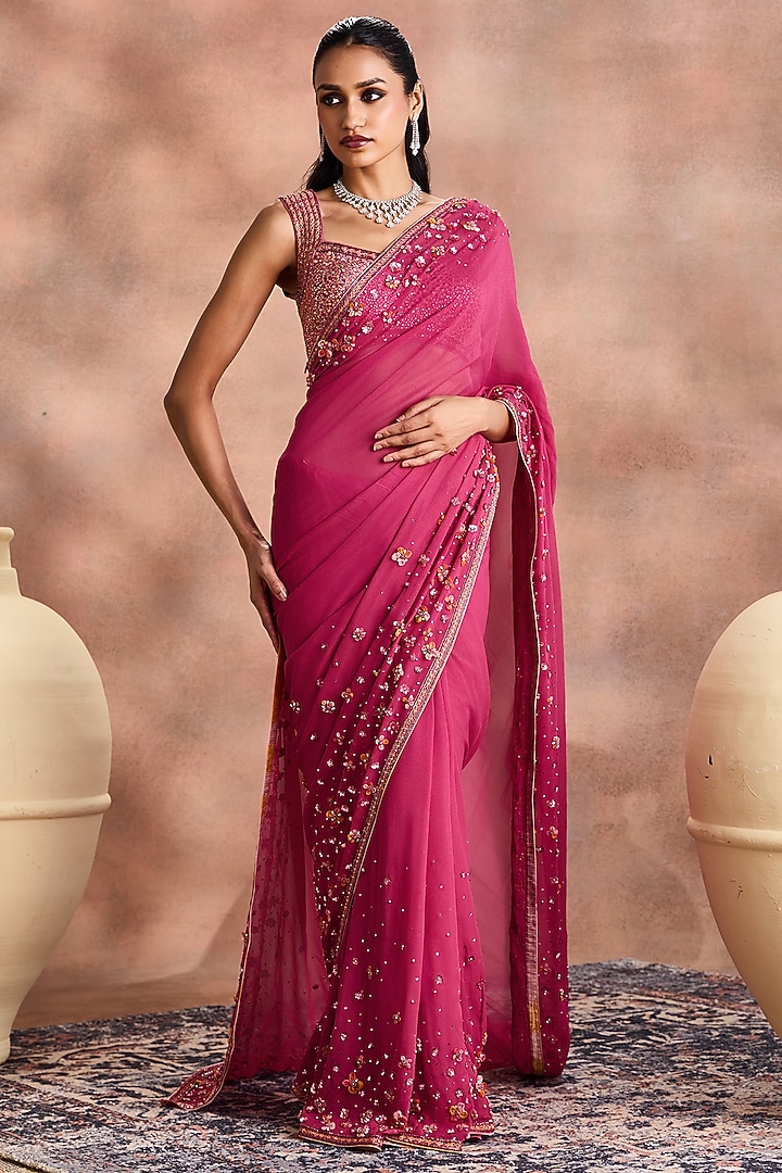 Magenta Shimmer Georgette Embroidered Reception Saree Set by Supria Munjal at Pernia's Pop Up Shop