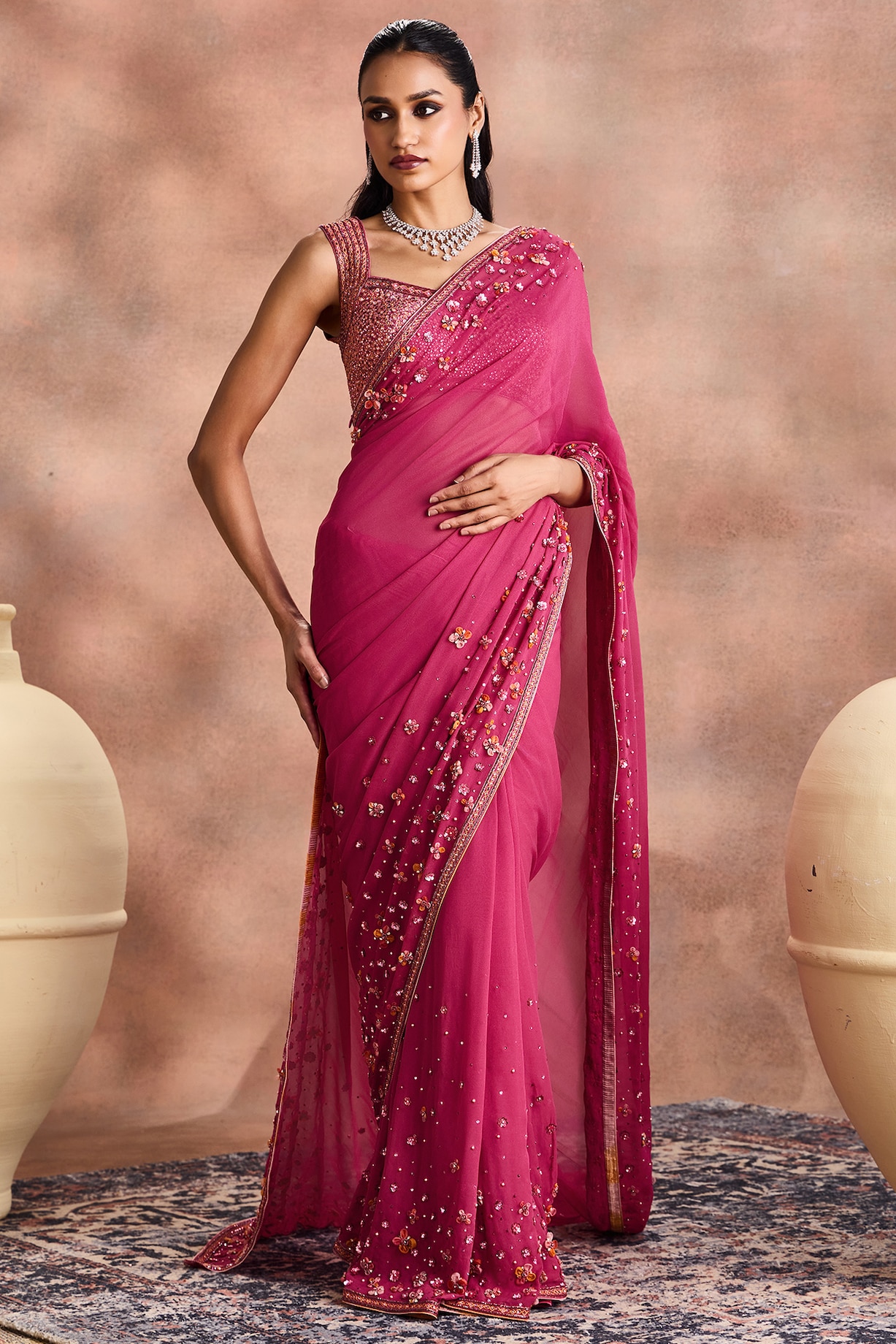 Magenta Shimmer Georgette Embroidered Reception Saree Set by Supria ...