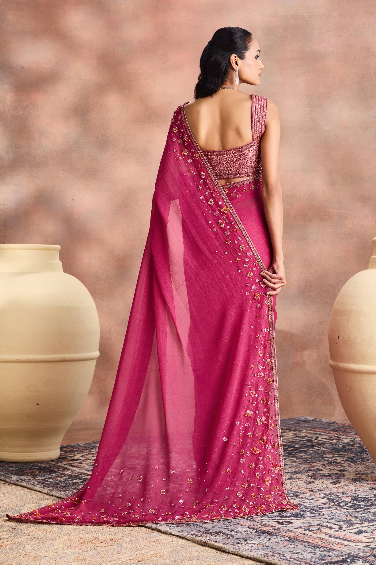 Magenta Shimmer Georgette Embroidered Reception Saree Set by Supria ...