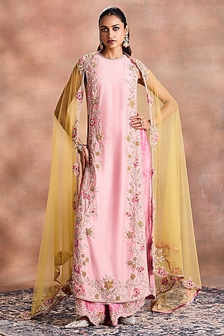 Pearl Blush & Misted Yellow Silk Chanderi Embroidered Straight Kurta Set by Supria Munjal