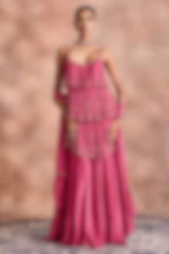 Raspberry Pink Chiffon & Mori Silk Flared Bridal Sharara Set by Supria Munjal at Pernia's Pop Up Shop