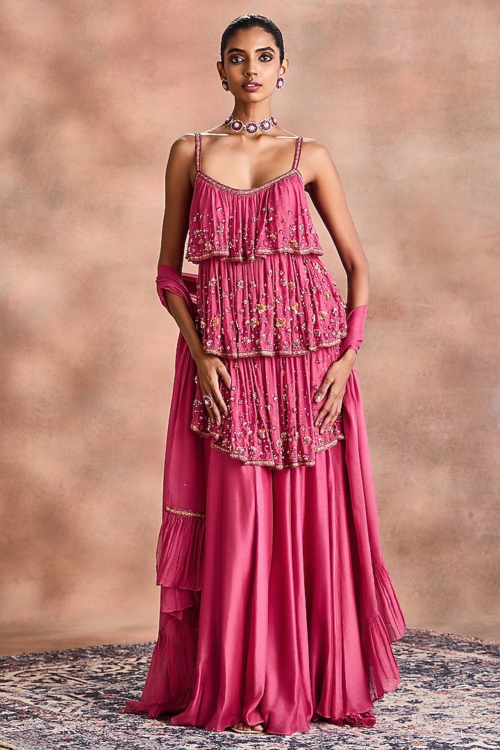 Raspberry Pink Chiffon & Mori Silk Flared Bridal Sharara Set by Supria Munjal at Pernia's Pop Up Shop