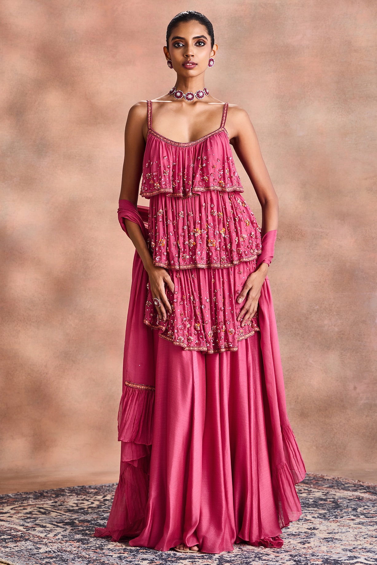 Raspberry Pink Chiffon & Mori Silk Flared Bridal Sharara Set by Supria ...