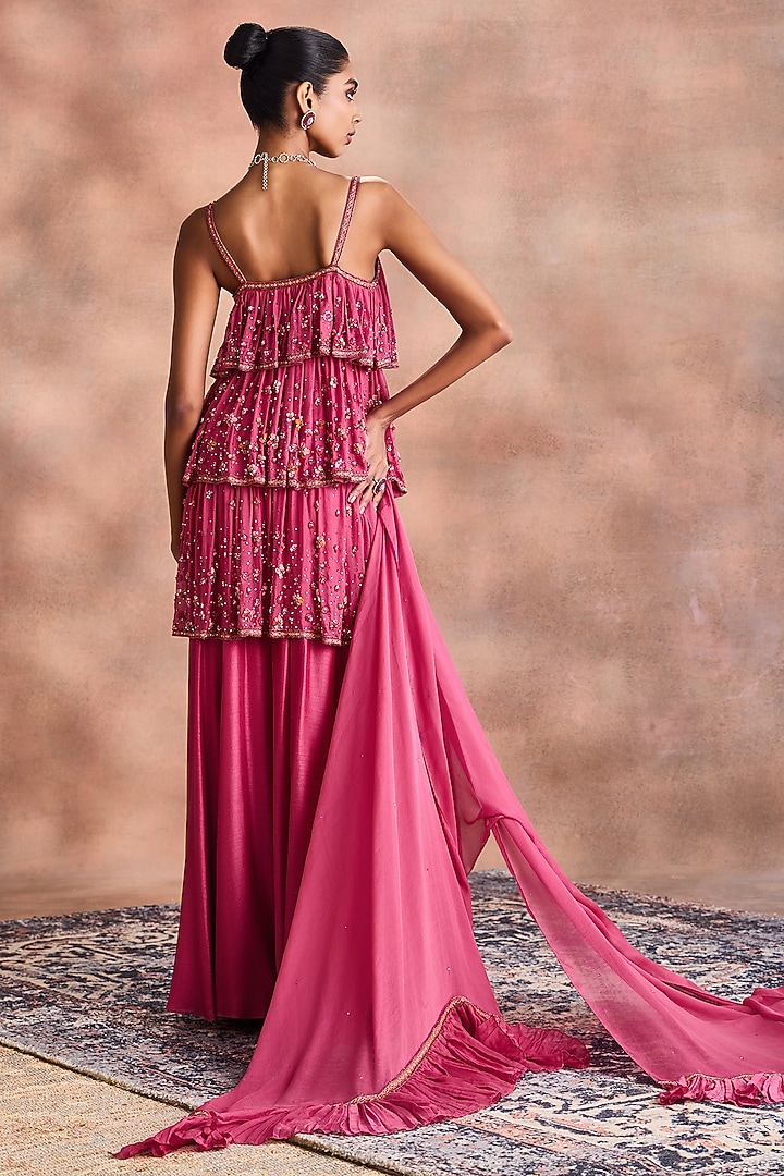 Raspberry Pink Chiffon & Mori Silk Flared Bridal Sharara Set by Supria ...