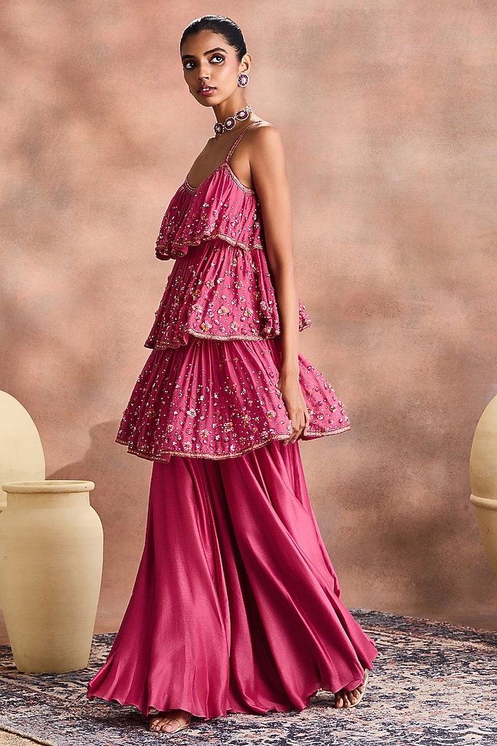 Raspberry Pink Chiffon & Mori Silk Flared Bridal Sharara Set by Supria ...
