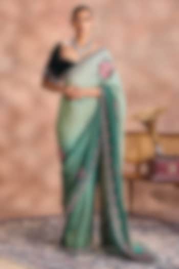 Green Crinkled Shimmer Silk Tissue Embroidered Ombre Bridal Saree Set by Supria Munjal at Pernia's Pop Up Shop