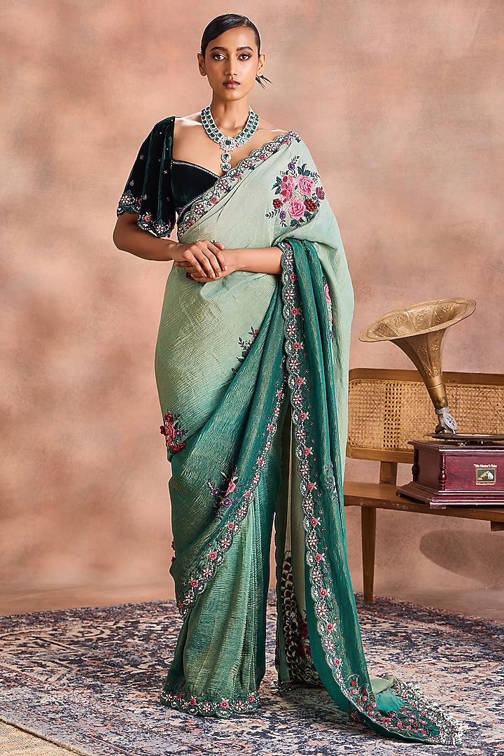 Green Crinkled Shimmer Silk Tissue Embroidered Ombre Bridal Saree Set by Supria Munjal at Pernia's Pop Up Shop