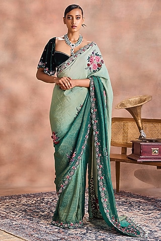 Green Crinkled Shimmer Silk Tissue Embroidered Ombre Saree Set by Supria Munjal