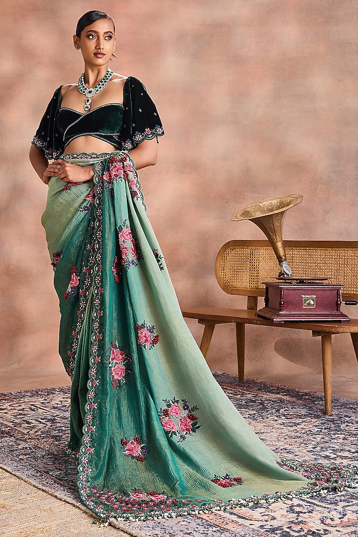 Green Crinkled Shimmer Silk Tissue Embroidered Ombre Bridal Saree Set by Supria Munjal at Pernia's Pop Up Shop