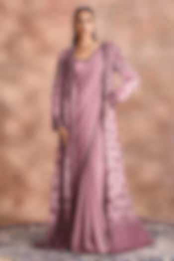 Lilac Shimmer Georgette & Satin Organza Embellished Jacket Bridal Saree Set by Supria Munjal at Pernia's Pop Up Shop