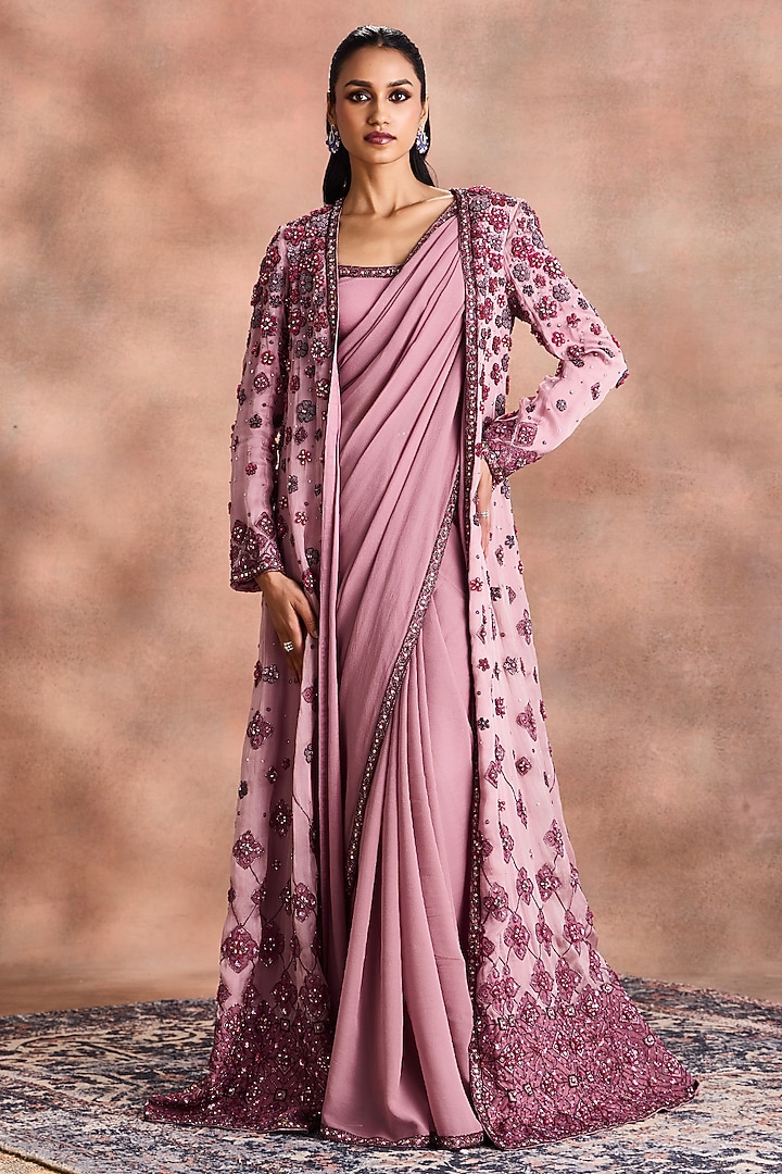 Lilac Shimmer Georgette & Satin Organza Embellished Jacket Bridal Saree Set by Supria Munjal at Pernia's Pop Up Shop