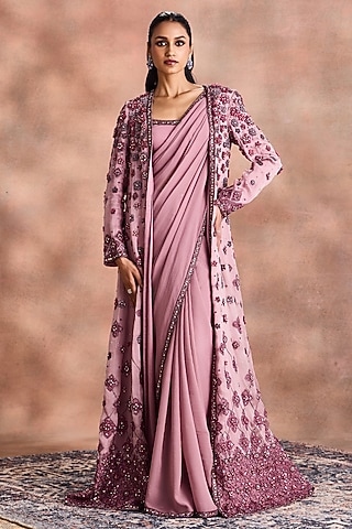Lilac Shimmer Georgette & Satin Organza Embellished Jacket Saree Set by Supria Munjal
