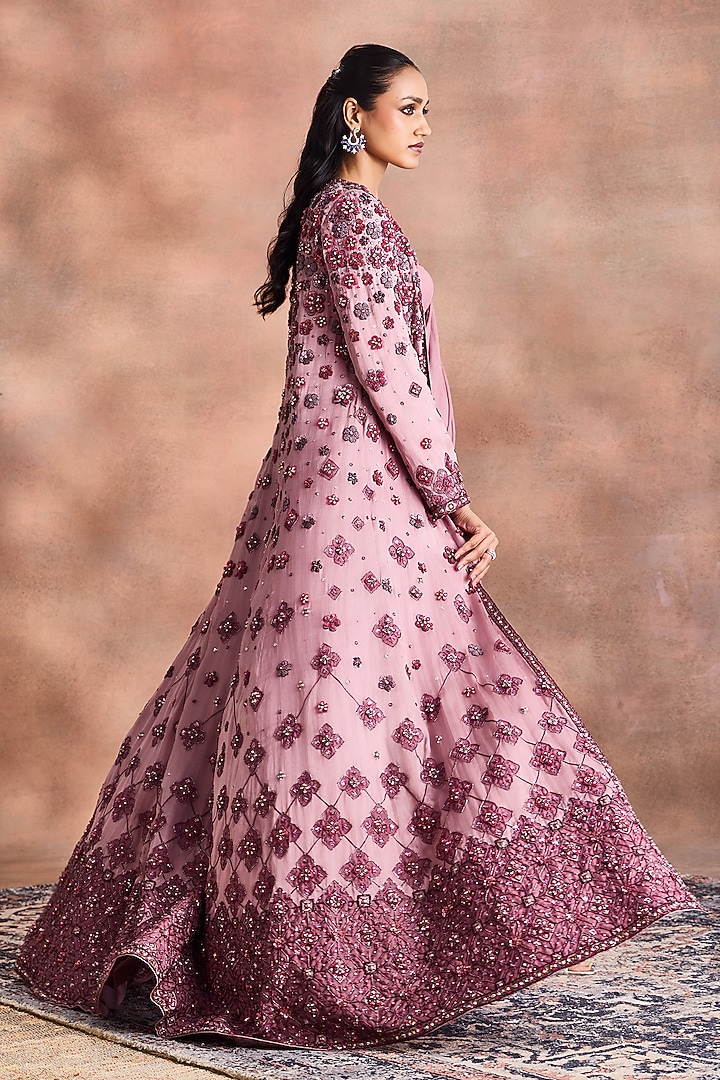 Lilac Shimmer Georgette & Satin Organza Embellished Jacket Bridal Saree Set by Supria Munjal at Pernia's Pop Up Shop