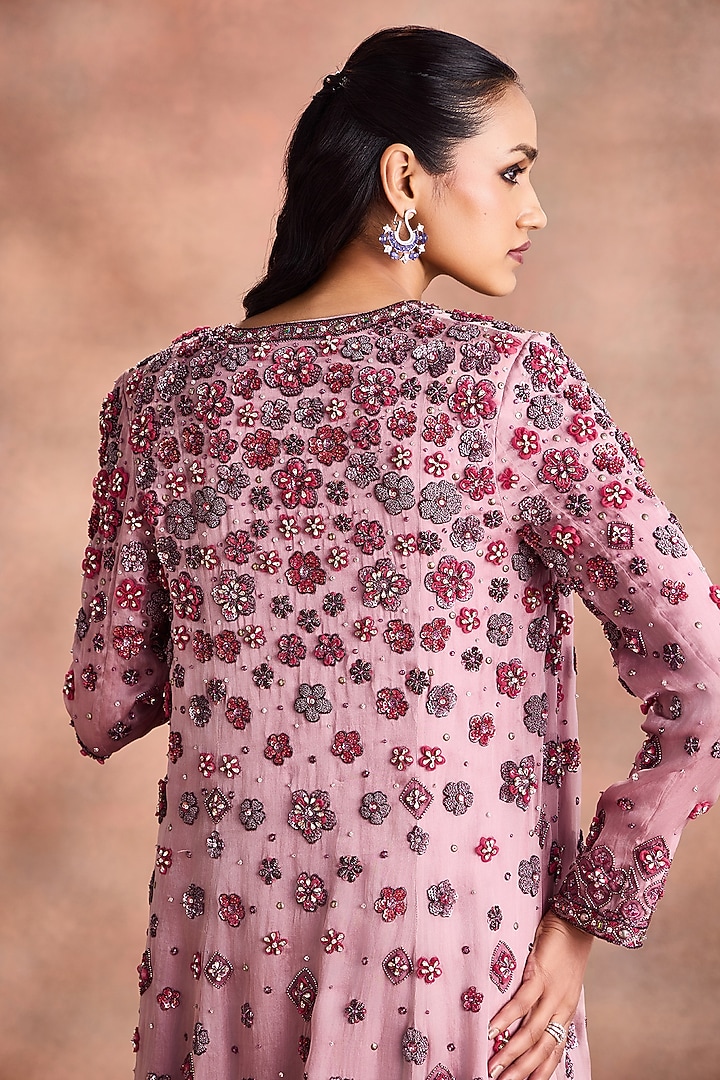 Lilac Shimmer Georgette & Satin Organza Embellished Jacket Bridal Saree Set by Supria Munjal at Pernia's Pop Up Shop