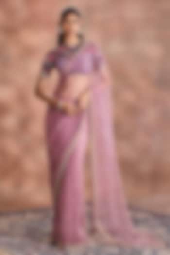 Lilac Tulle Embroidered Bridal Saree Set by Supria Munjal at Pernia's Pop Up Shop