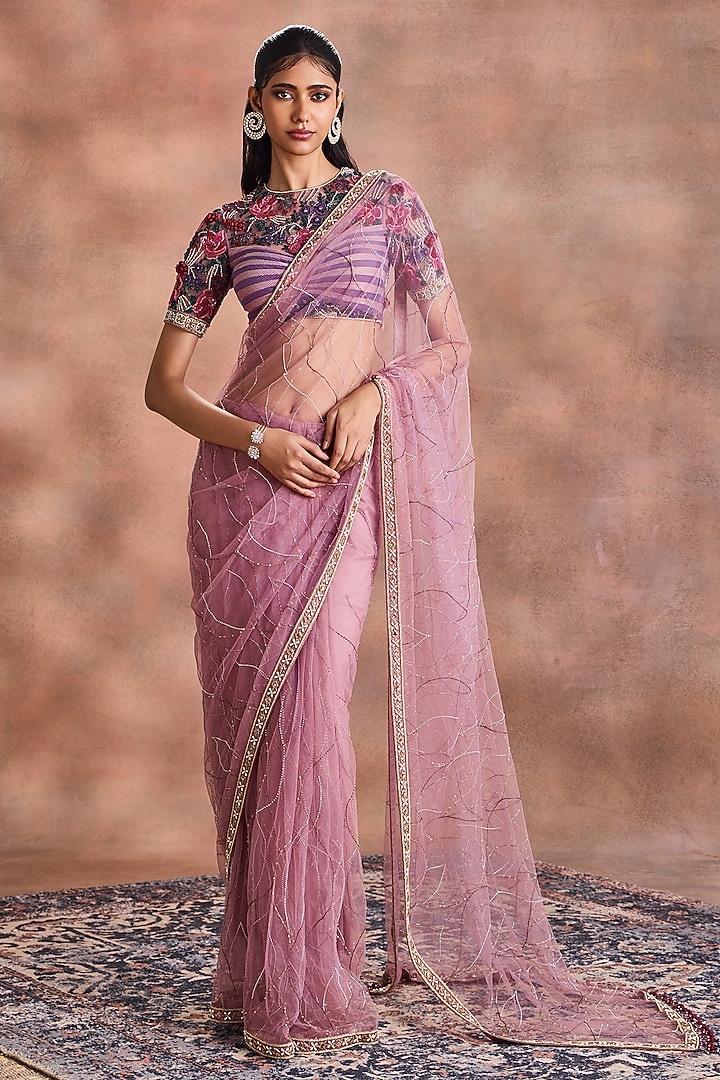 Lilac Tulle Embroidered Bridal Saree Set by Supria Munjal at Pernia's Pop Up Shop
