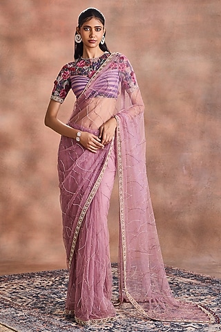 Lilac Tulle Embroidered Saree Set by Supria Munjal