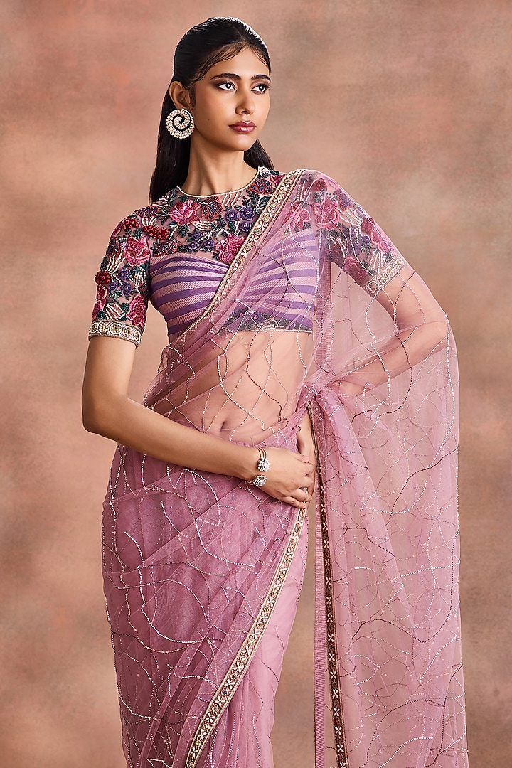 Lilac Tulle Embroidered Bridal Saree Set by Supria Munjal at Pernia's Pop Up Shop