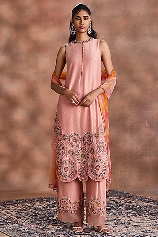 Pearl Blush Silk Chanderi Embroidered Straight Kurta Set by Supria Munjal