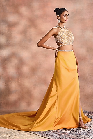 Misted Yellow Silk Taffeta Skirt Set by Supria Munjal