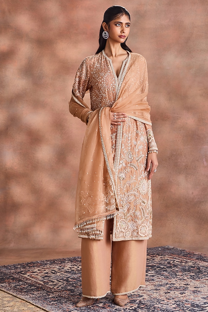 Beige Zari Line Silk Chanderi & Silk Organza Embroidered Kurta Set by Supria Munjal at Pernia's Pop Up Shop