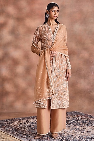 Beige Zari Line Silk Chanderi & Silk Organza Embroidered Kurta Set by Supria Munjal