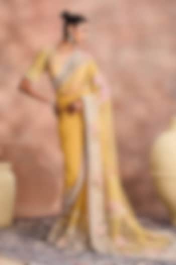 Mustard Gold Tulle Embroidered Bridal Saree Set by Supria Munjal at Pernia's Pop Up Shop