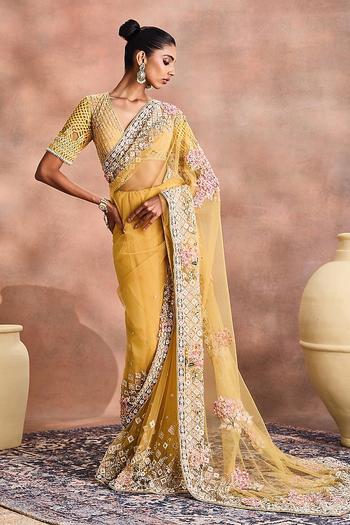 Mustard Gold Tulle Embroidered Bridal Saree Set by Supria Munjal at Pernia's Pop Up Shop