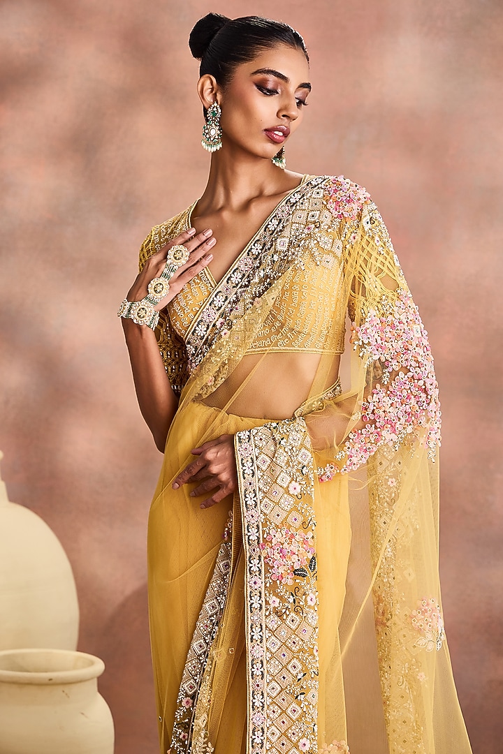 Mustard Gold Tulle Embroidered Bridal Saree Set by Supria Munjal at Pernia's Pop Up Shop
