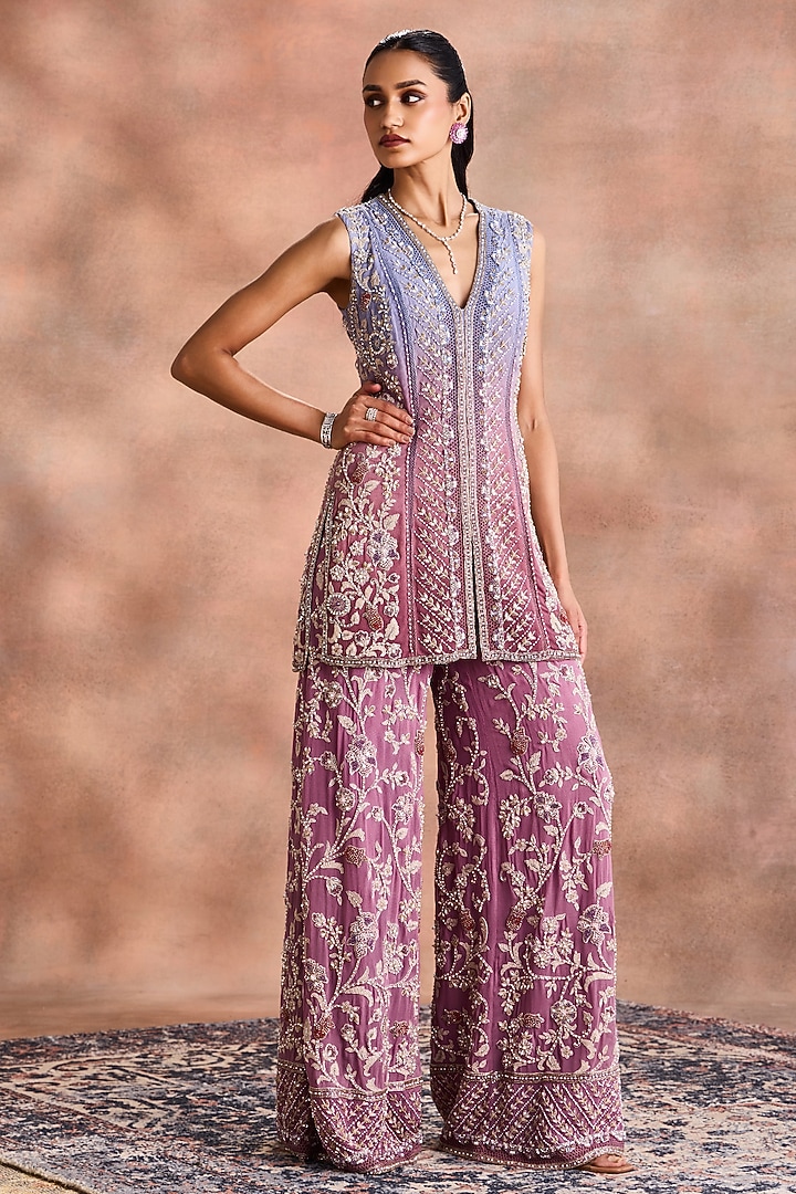 Lavendra Shimmer Georgette Embroidered Ombre Co-Ord Set by Supria Munjal at Pernia's Pop Up Shop