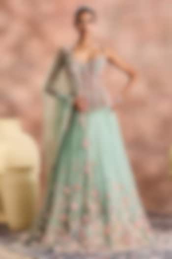 Sage Green Silk Organza Embellished Bridal Lehenga Set by Supria Munjal at Pernia's Pop Up Shop