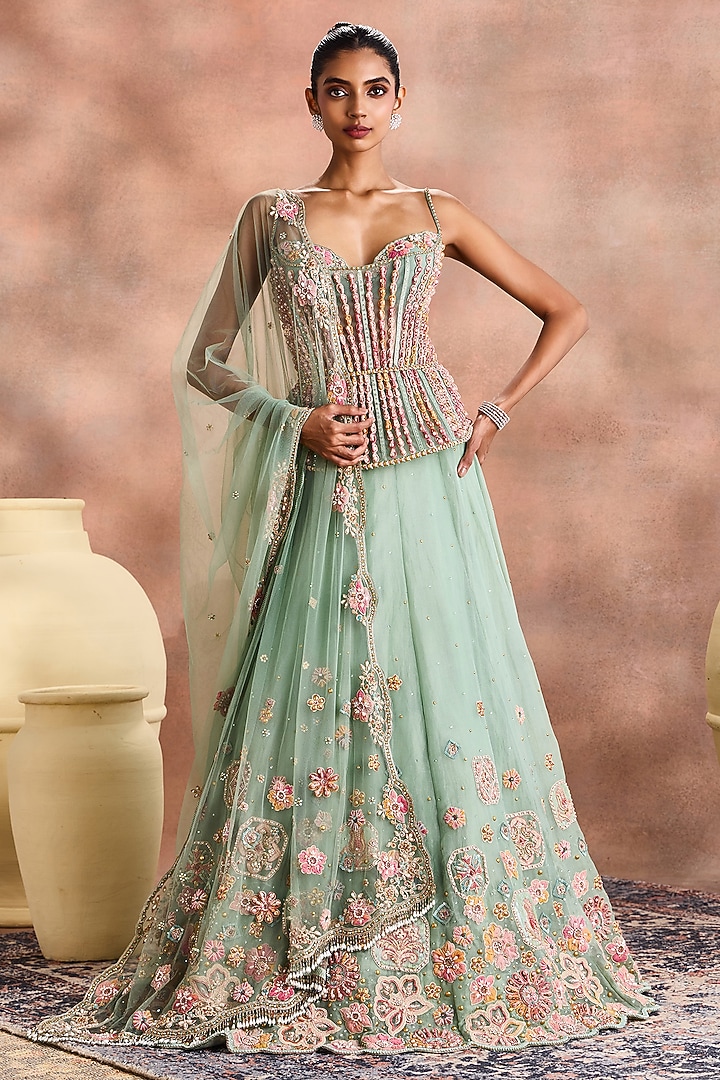 Sage Green Silk Organza Embellished Bridal Lehenga Set by Supria Munjal at Pernia's Pop Up Shop