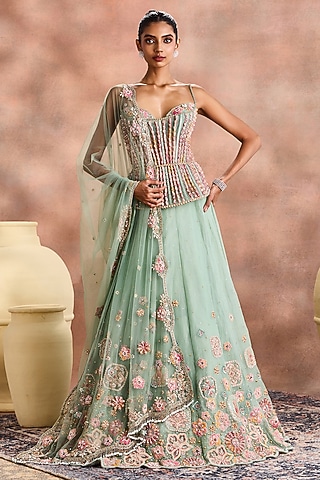 Sage Green Silk Organza Embellished Lehenga Set by Supria Munjal