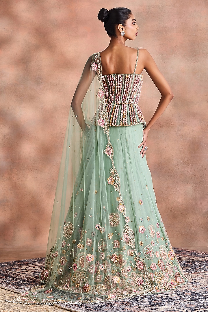Sage Green Silk Organza Embellished Bridal Lehenga Set by Supria Munjal at Pernia's Pop Up Shop