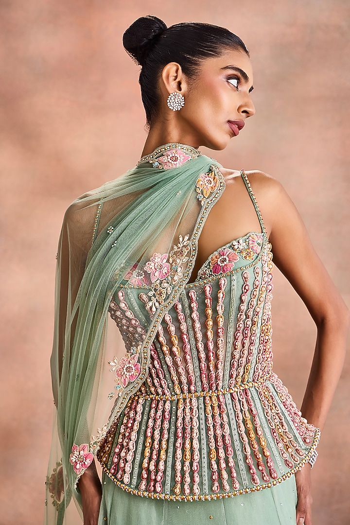 Sage Green Silk Organza Embellished Bridal Lehenga Set by Supria Munjal at Pernia's Pop Up Shop