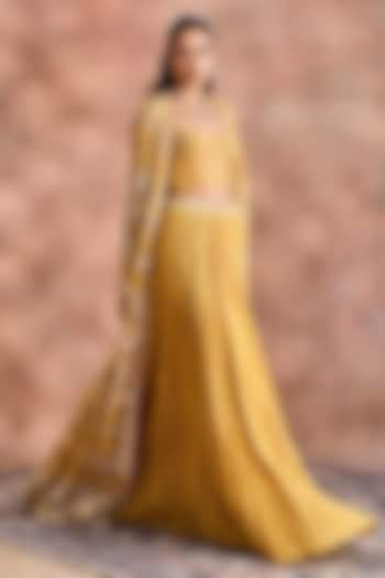 Mustard Gold Silk Chanderi Embroidered Jacket Set by Supria Munjal at Pernia's Pop Up Shop