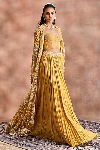 Mustard Gold Silk Chanderi Embroidered Jacket Set by Supria Munjal
