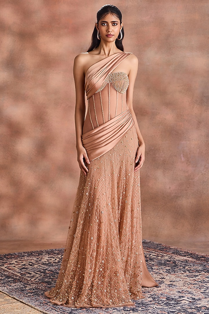 Beige Silk Satin & Net Embroidered Bridal Gown by Supria Munjal at Pernia's Pop Up Shop