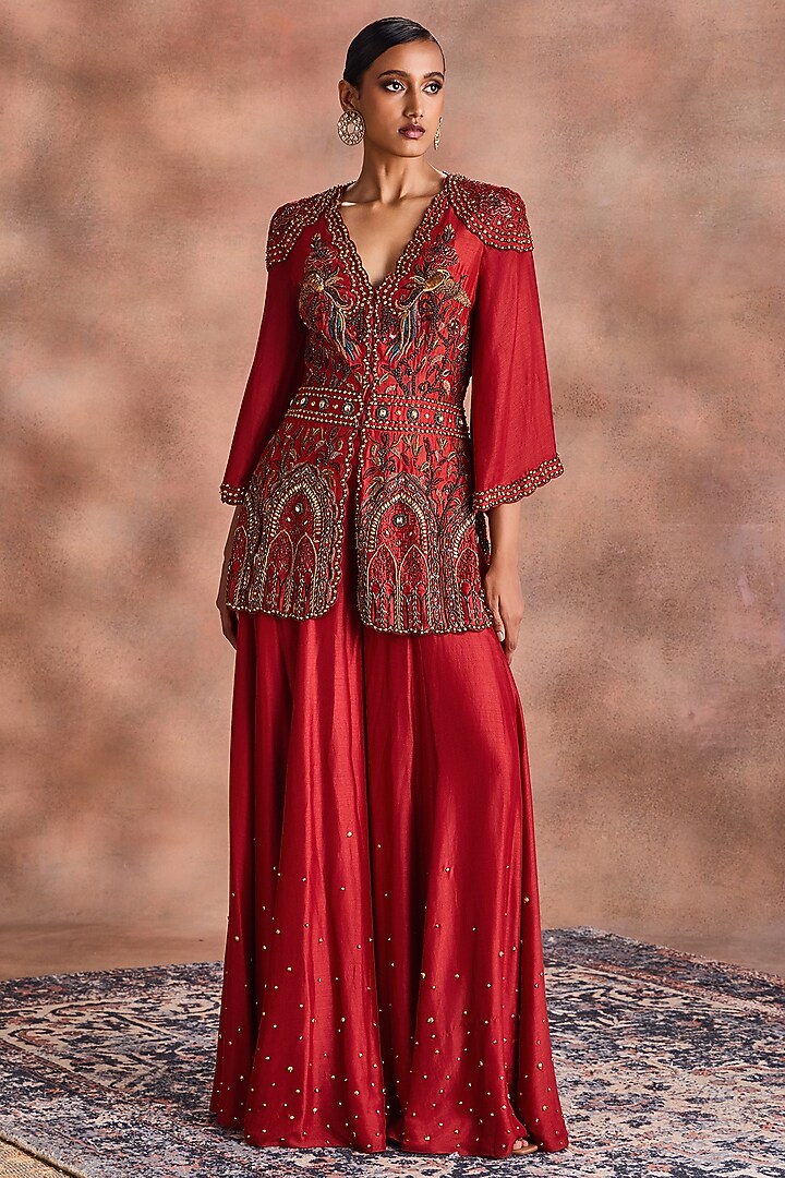 Rust Mori Silk Embroidered Co-Ord Set by Supria Munjal at Pernia's Pop Up Shop