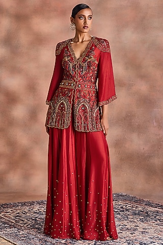 Rust Mori Silk Embroidered Co-Ord Set by Supria Munjal